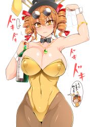 Rule 34 | ..., 1girl, alcohol, alternate breast size, animal ears, arm up, armpits, bangle, bare shoulders, black bow, black bowtie, black hat, blush, bottle, bouncing breasts, bow, bowtie, bracelet, breasts, brown hair, brown pantyhose, chibi, cleavage, collarbone, covered erect nipples, covered navel, cowboy shot, cup, curvy, detached collar, drill hair, drinking glass, earrings, eyewear on head, fake animal ears, flying sweatdrops, glint, hair between eyes, hair ribbon, hat, heart, highleg, highleg leotard, highres, holding, holding bottle, holding cup, jewelry, large breasts, legs together, leotard, looking at viewer, necklace, pantyhose, pendant, playboy bunny, rabbit ears, red ribbon, ribbon, ring, roki (hirokix), round eyewear, shiny skin, short hair, simple background, solo, sound effects, sparkle, spoken ellipsis, standing, strapless, strapless leotard, sunglasses, sweat, thought bubble, top hat, touhou, translation request, twin drills, twintails, v-shaped eyebrows, white background, wine glass, wrist cuffs, yellow eyes, yellow leotard, yorigami jo&#039;on