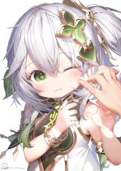 Rule 34 | 1girl, bare shoulders, blush, bracelet, cheek pinching, child, cross-shaped pupils, detached sleeves, dress, genshin impact, gradient hair, green eyes, green hair, hair between eyes, hair ornament, highres, jewelry, leaf hair ornament, long hair, looking at viewer, multicolored hair, nahida (genshin impact), one eye closed, pinching, pointy ears, pov, pov hands, ryota (ry o ta), side ponytail, signature, sleeveless, sleeveless dress, symbol-shaped pupils, white background, white dress, white hair