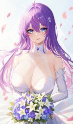 Rule 34 | 1girl, absurdres, bare shoulders, blue background, blue eyes, blue flower, bouquet, breasts, bridal veil, bride, cleavage, closed mouth, commentary request, crown, dated, dress, elbow gloves, eoe, falling petals, floralmi, flower, gloves, happy birthday, highres, holding, holding bouquet, large breasts, long hair, looking at viewer, mini crown, mole, mole under eye, petals, pink lips, purple hair, see-through, see-through cleavage, skindentation, sleeveless, sleeveless dress, smile, solo, tilted headwear, upper body, veil, virtual youtuber, wedding dress, white dress, white flower, white gloves, white headwear, white veil, yumo (eoe)