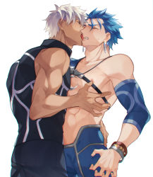 Rule 34 | 2boys, abs, archer (fate), bare pectorals, bare shoulders, blue bodysuit, blue hair, blush, bodysuit, bracelet, brown eyes, couple, cropped legs, cu chulainn (fate), cu chulainn (fate/stay night), cu chulainn (second ascension) (fate), dark-skinned male, dark skin, earrings, fate/grand order, fate/stay night, fate (series), jewelry, kiss, licking, makina (nikki m7 ), male focus, multiple boys, muscular, nipples, official alternate costume, pectorals, skin tight, sleeveless, tight clothes, tongue, tongue out, white background, white hair, yaoi