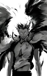 Rule 34 | 10s, 1boy, arms at sides, bokuto koutarou, character name, glowing, greyscale, haikyuu!!, joka (night gate), looking at viewer, male focus, midriff peek, monochrome, short hair, simple background, solo, spiked hair, sportswear, v-neck, white background, wings