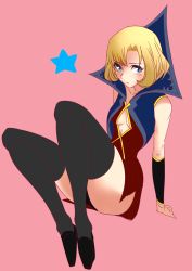 Rule 34 | 10s, 1girl, alternate costume, arm support, black footwear, black thighhighs, blonde hair, blue eyes, blush, breasts, cleavage cutout, clothing cutout, embarrassed, no bra, pink background, shoes, short hair, simone aragon, simple background, small breasts, solo, star (symbol), star driver, tagme, thighhighs