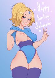 Rule 34 | 1girl, absurdres, blonde hair, blue background, blue eyes, blue shirt, blue thighhighs, blush, breasts, clothing request, collarbone, commentary, covered erect nipples, cowboy shot, crystal maiden, dota (series), dota 2, english commentary, english text, forehead jewel, gem, gradient background, groin, happy birthday, high ponytail, highleg, highres, large breasts, lips, long hair, looking at viewer, navel, nipples, parted lips, pink background, ponytail, shellvi, shirt, skindentation, smile, solo, teeth, thighhighs, thighs, v