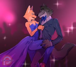 Rule 34 | 1boy, 1girl, animal ears, animal nose, black suit, blue bow, blue bowtie, blurry, blurry background, body fur, bow, bowtie, breasts, crowd, diane foxington, dress, eye contact, formal, fox ears, fox girl, furry, furry female, furry male, grey fur, hetero, high heels, jewelry, kukumomo, leg up, long dress, looking at another, mr. wolf, necklace, orange fur, pants, pants under dress, purple dress, purple footwear, purple pants, small breasts, snout, sparkle, strapless, strapless dress, suit, tail, tango, the bad guys (film), wolf boy, wolf ears, wolf tail