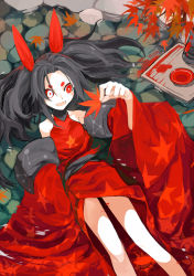 Rule 34 | 1girl, afloat, autumn, black hair, colored sclera, detached sleeves, floating, heterochromia, highres, lamian (pixiv415608), leaf, maple leaf, mismatched sclera, original, red eyes, red sclera, solo, water, white eyes