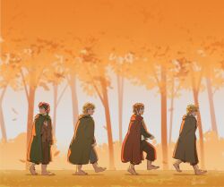 Rule 34 | 4boys, absurdres, autumn, autumn leaves, barefoot, bigolialragu, blonde hair, brown hair, cape, commentary, english commentary, forest, frodo baggins, hand on own chest, highres, hobbit, looking ahead, looking back, meriadoc brandybuck, multiple boys, nature, outdoors, peregrin took, samwise gamgee, short hair, smile, the lord of the rings, tolkien&#039;s legendarium, tolkien's legendarium, walking