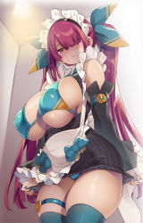 Rule 34 | 1girl, bare shoulders, bikini, blue bikini, blue thighhighs, blunt bangs, blush, breasts, cameltoe, cleavage, detached sleeves, embarrassed, hair over one eye, hair ribbon, highres, large breasts, long hair, looking at viewer, maid, maid headdress, nail polish, one eye covered, original, purple eyes, purple hair, ribbon, solo, sweatdrop, swimsuit, thigh strap, thighhighs, thighs, thomasz, twintails, very long hair