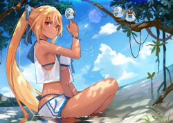 Rule 34 | 1girl, absurdres, bikini, bird, blonde hair, bow, branch, cropped jacket, dark-skinned female, dark skin, elf, elfriend (shiranui flare), hair bow, highres, hololive, long hair, looking at viewer, midriff, multicolored hair, navel, partially submerged, pointy ears, ponytail, red eyes, see-through, shiranui flare, sitting, smile, solo, streaked hair, swimsuit, tree, very long hair, virtual youtuber, water, white hair, yoshikawa hiro