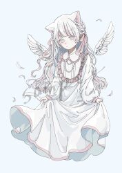 Rule 34 | 1girl, absurdres, animal ears, braid, cat ears, collared dress, detached wings, dress, expressionless, feathered wings, feathers, frills, grey eyes, hair ribbon, highres, long hair, long sleeves, multicolored hair, original, pink hair, ribbon, sample watermark, simple background, skirt hold, solo, two-tone hair, watermark, white dress, white hair, white wings, wings, yuge kemuri
