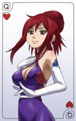 Rule 34 | 1girl, alternate hairstyle, awa, bare shoulders, blush, breasts, brown eyes, cleavage, covered erect nipples, dress, earrings, elbow gloves, erza scarlet, fairy tail, female focus, gloves, heart, jewelry, large breasts, lips, lipstick, looking at viewer, makeup, red hair, simple background, smile, solo, standing, tattoo