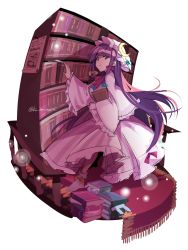 Rule 34 | 1girl, bad id, bad twitter id, blue bow, blue ribbon, blunt bangs, book, book stack, bookshelf, bow, commentary, crescent, crescent hat ornament, crescent pin, dress, dress bow, footwear bow, frilled dress, frilled sleeves, frills, full body, hair bow, handrail, hat, hat ornament, hat ribbon, highres, holding, holding book, kamenozoki momomo, long hair, looking at viewer, mob cap, patchouli knowledge, poster (object), purple eyes, purple hair, red bow, red neckwear, ribbon, robe, rug, simple background, sketch, solo, touhou, twitter username, very long hair, watermark, white background, wide sleeves, yellow bow