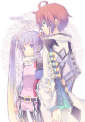 Rule 34 | 1boy, 1girl, asbel lhant, bad id, bad pixiv id, blue eyes, blush, brown hair, copyright name, gauntlets, looking back, mugura, o-ring, purple eyes, purple hair, sophie (tales), tales of (series), tales of graces, twintails, white background