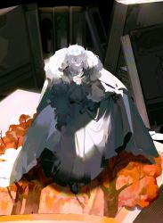 Rule 34 | 1boy, absurdres, chinese commentary, cloak, closed eyes, closed mouth, commentary request, crown, diamond hairband, expressionless, fate/grand order, fate (series), full body, fur-trimmed cloak, fur trim, grey hair, highres, long sleeves, male focus, medium hair, no wings, oberon (fate), official alternate costume, solo, tancang531, white cloak, white fur, white hair