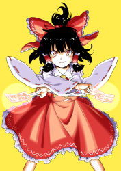 Rule 34 | 1girl, ascot, black hair, bow, closed mouth, collared shirt, detached sleeves, feet out of frame, frilled bow, frilled hair tubes, frilled skirt, frills, hair bow, hair tubes, hakurei reimu, highres, inuno rakugaki, japanese clothes, looking at viewer, medium hair, miko, ofuda, ponytail, red bow, red eyes, red shirt, red skirt, red vest, shirt, sidelocks, skirt, skirt set, sleeveless, sleeveless shirt, smile, solo, standing, touhou, vest, white sleeves, wide sleeves, yellow ascot, yellow background