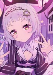 Rule 34 | 1girl, absurdres, black shirt, closed mouth, clothes hanger, collared shirt, commentary request, crop top, dress shirt, forehead, grey hair, hair ornament, hands up, highres, hololive, indoors, long sleeves, looking at viewer, midriff, murasaki shion, murasaki shion (1st costume), navel, red eyes, shirt, sleeves past wrists, solo, striped clothes, striped shirt, syhan, vertical-striped clothes, vertical-striped shirt, virtual youtuber, white shirt, window