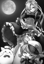 Rule 34 | 2girls, arm up, azur lane, braid, breasts, garter straps, greyscale, hair over one eye, hat, highres, large breasts, long sleeves, looking at viewer, maid headdress, meowfficer (azur lane), monochrome, moon, multiple girls, night, novel illustration, outdoors, parted lips, pound (azur lane), raiou, sheffield (azur lane), short hair, sky, star (sky), starry sky, thighhighs