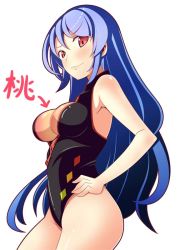 Rule 34 | 1girl, arrow (projectile), bad id, bad pixiv id, blue hair, blush, breast padding, breasts, flat chest, from side, front zipper swimsuit, hands on own hips, hinanawi tenshi, long hair, meme attire, oimo (imoyoukan), one-piece swimsuit, red eyes, smug, solo, swimsuit, touhou