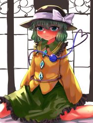 Rule 34 | 1girl, bed, blush, breasts, commentary request, frilled skirt, frills, green eyes, green hair, green skirt, gunnjou yosio, hat, hat ribbon, heart, heart of string, highres, kneeling, komeiji koishi, long sleeves, looking at viewer, ribbon, skirt, sleeves past wrists, small breasts, sweat, third eye, touhou, window