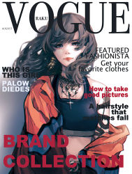 1girl brown_hair cover cross cross_necklace earrings english_text eyebrows_hidden_by_hair fake_magazine_cover floating_hair highres jacket jewelry looking_at_viewer magazine_cover necklace orange_jacket original purple_eyes rakugaki_suruhito solo sports_bra track_jacket vogue_(magazine)