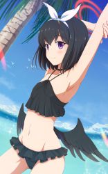 Rule 34 | 1girl, arm up, armpits, bikini, bird, black bikini, black hair, black wings, blue archive, breasts, cloud, day, dutch angle, hair ribbon, halo, highres, holding own arm, ishida seito, low wings, mashiro (blue archive), mashiro (swimsuit) (blue archive), navel, ocean, palms, purple eyes, ribbon, short hair, sky, small breasts, smile, solo, standing, stretching, swimsuit, water, white ribbon, wings