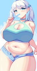 Rule 34 | 1girl, blue eyes, blue shorts, blue sky, blush, breasts, cleavage, commentary, food in mouth, hair bobbles, hair ornament, highres, huge breasts, looking at viewer, medium hair, navel, original, outdoors, piao mao, pixel art, plump, popsicle, popsicle in mouth, short shorts, shorts, sky, solo, tank top, two side up, white hair