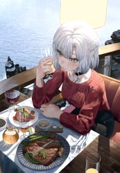 Rule 34 | 1girl, absurdres, black choker, black skirt, blush, boned meat, braid, breasts, chair, champagne flute, choker, closed mouth, commentary, cross, cross choker, cup, drinking glass, english commentary, food, fork, grey eyes, grey hair, hand up, hani haya, highres, holding, holding cup, long sleeves, looking afar, looking ahead, meat, medium breasts, on chair, original, outdoors, parted bangs, plate, red sweater, ribbed sweater, short hair, sitting, skirt, solo, sweater, table, water, wine glass