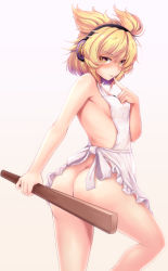Rule 34 | &gt;:), 1girl, alternate costume, apron, armpits, ass, bad id, bad pixiv id, blonde hair, blush, breasts, closed mouth, covered erect nipples, cowboy shot, earmuffs, from side, heart, heart-shaped pupils, highres, looking at viewer, looking to the side, naked apron, nekomiyanono, pointy hair, ritual baton, sideboob, small breasts, solo, symbol-shaped pupils, touhou, toyosatomimi no miko, v-shaped eyebrows, yellow eyes