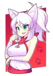 Rule 34 | 1girl, animal ears, arm under breasts, blush, breast lift, breasts, commission, dog tags, fang, fizintine, fox ears, green eyes, hair between eyes, highres, large breasts, looking away, open mouth, original, short hair, short ponytail, sleeveless, smile, solo, upper body, white hair