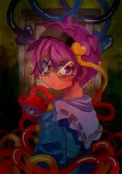 Rule 34 | 1girl, :/, absurdres, bespectacled, blue shirt, closed mouth, commentary request, dark, expressionless, frilled shirt collar, frills, glasses, hair between eyes, hair ornament, hairband, heart, heart hair ornament, highres, inuyama konan, komeiji satori, looking at viewer, looking back, messy hair, pink eyes, pink hair, round eyewear, shirt, short hair, solo, third eye, touhou, upper body
