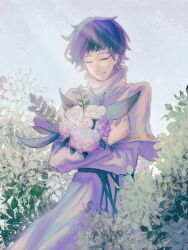 Rule 34 | 1boy, belt, blue hair, blue sky, bouquet, capelet, chinese commentary, closed eyes, commentary request, day, fei28450, flower, gold trim, green belt, highres, holding, holding bouquet, long sleeves, male focus, outdoors, rose, saibou shinkyoku, short hair, sky, smile, utsugi noriyuki, white capelet, white flower, white rose