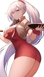 Rule 34 | 1girl, absurdres, apron, ass, azur lane, bare shoulders, belfast (azur lane), belfast (piping-hot perfection) (azur lane), blush, breast hold, breasts, chain, cleavage, collar, collarbone, hair ornament, hairclip, highres, large breasts, long hair, looking at viewer, metal collar, pnatsu, ponytail, purple eyes, red apron, short sleeves, smile, solo, thighs, white hair