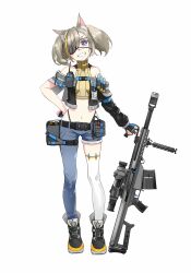 1girl 25x59mm_hv 25x59mm_hv_xm1050_tp airburst_grenade_launcher ammunition animal_ear_fluff animal_ears anti-materiel_cartridge anti-materiel_payload_rifle_(military_program) anti-materiel_rifle anti-materiel_rifle_congressional_program asymmetrical_clothes asymmetrical_legwear asymmetrical_sleeves barrett_firearms_manufacturing barrett_optical_ranging_system barrett_xm109 blue_eyes bullet_drop_compensation_scope cannon_cartridge computerized_scope dark_baao explosive eyepatch fingerless_gloves g-string gloves grenade grenade_cartridge grenade_launcher gun looking_at_viewer magazine_(weapon) military_program navel objective_sniper_weapon_(military_program) original practice_round precision-guided_firearm purple_eyes rifle scope semi-automatic_grenade_launcher semi-automatic_rifle sight_(weapon) simple_background slit_pupils smart_scope smile sniper_grenade_launcher sniper_rifle standing telescopic_sight thong two-tone_eyes walkie-talkie weapon whale_tail_(clothing) white_background