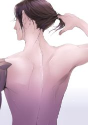 Rule 34 | 10s, 1boy, black hair, enjin y, from behind, ginoza nobuchika, gradient background, male focus, ponytail, prosthesis, prosthetic arm, psycho-pass, solo, spoilers, topless male