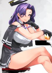 Rule 34 | 1girl, bare arms, bare legs, black dress, black gloves, breasts, commentary request, cup, dated, dress, drinking, drinking glass, from side, gloves, grey background, hair intakes, hair over one eye, hand on own chest, hand to own mouth, happa (cloverppd), kantai collection, large breasts, legs, looking at viewer, medium hair, mole, mole under eye, pleated skirt, purple eyes, purple hair, shrug (clothing), signature, simple background, sitting, skirt, smile, solo, striped clothes, striped skirt, tatsuta (kancolle), tatsuta kai ni (kancolle), two-tone dress, white dress