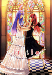 Rule 34 | 2girls, checkered floor, crescent, crescent hair ornament, dancing, duplicate, embodiment of scarlet devil, female focus, floor, hair ornament, hamayumiba sou, head wings, highres, koakuma, multiple girls, patchouli knowledge, perspective, stained glass, touhou, wings, yuri