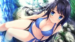 Rule 34 | 1girl, ahoge, arm support, arms at sides, bare arms, bare legs, bare shoulders, barefoot, bikini, black hair, blue bikini, blue eyes, blush, breasts, cleavage, closed mouth, collarbone, day, dutch angle, eyelashes, fingernails, from above, game cg, grass, hair ribbon, highres, large breasts, long fingernails, long hair, looking at viewer, manazuru misaki, natsu no iro no nostalgia, navel, one side up, outdoors, partially submerged, pebble, plant, ribbon, river, rock, side-tie bikini bottom, sitting, sitting on rock, smile, soaking feet, solo, stone, stream, swimsuit, thigh gap, very long hair, water, wet, yamakaze ran