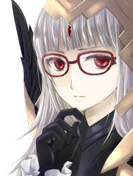 Rule 34 | 1girl, bad id, bad twitter id, bespectacled, black gloves, closed mouth, fire emblem, fire emblem heroes, glasses, gloves, grey hair, hair ornament, highres, ikuno 326, long hair, nintendo, red-framed eyewear, red eyes, simple background, solo, veronica (fire emblem), white background