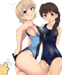 Rule 34 | 10s, 2girls, ^^^, adjusting clothes, adjusting swimsuit, ass, bad id, bad pixiv id, blonde hair, blue eyes, blue one-piece swimsuit, blush, braid, breasts, brown eyes, brown hair, cleavage, competition swimsuit, covered navel, darjeeling (girls und panzer), from side, girls und panzer, head tilt, highres, long hair, looking at viewer, multiple girls, navel, nksk, one-piece swimsuit, open mouth, ponytail, rukuriri (girls und panzer), school swimsuit, short hair, sideboob, simple background, single braid, swimsuit, thighs, twin braids, ushiroda, wet, white background