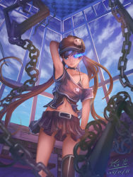 Rule 34 | 1girl, absurdres, arm at side, arm behind head, arm up, armpits, belt, black hat, black rock shooter, black rock shooter (character), black skirt, black thighhighs, blue eyes, blue sky, breasts, brown hair, chain, chained, choker, cloud, dated, hat, hat ornament, highres, indoors, long hair, midriff, navel, scar, single thighhigh, skirt, sky, small breasts, solo, standing, thighhighs, very long hair, window, yan guang aoxiang