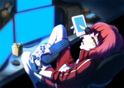 Rule 34 | androgynous, cellphone, computer, controller, fingerless gloves, game controller, gamepad, gender request, gloves, green eyes, jacket, keyboard (computer), monitor, mouse (computer), original, phone, psp go, red hair, screen light, sesyamo, shorts, smartphone, solo, track jacket