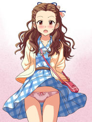 Rule 34 | 1girl, arms behind back, bag, blue dress, blue ribbon, blush, bow, bow panties, brown hair, cardigan, carrying, collared dress, commentary request, commission, cowboy shot, dress, forehead, frown, gluteal fold, hair ribbon, handbag, idolmaster, idolmaster cinderella girls, jewelry, lace, lace-trimmed panties, lace trim, lielos, long hair, looking at viewer, necklace, open mouth, panties, partial commentary, pink panties, pixiv commission, plaid, plaid dress, red eyes, ribbon, seki hiromi, short dress, solo, standing, star (symbol), star necklace, sweatdrop, thigh gap, underwear, wavy hair, white cardigan, wind, wind lift