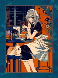 Rule 34 | 1girl, apron, architecture, bandaid, bandaid on hand, beer bottle, black dress, blue border, border, bowl, cat, chinese text, chopsticks, cup, dress, drinking glass, east asian architecture, fern, food, highres, holding, holding cup, indoors, keishin, light smile, limited palette, long dress, long hair, long sleeves, looking at viewer, maid headdress, menu, original, out of frame, plate, puffy short sleeves, puffy sleeves, short sleeves, sideways glance, sitting, solo focus, stool, tabby cat, table, waitress, white apron, window