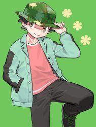 Rule 34 | 1boy, absurdres, adapted costume, cosplay, creatures (company), floral print, game freak, green background, green headwear, hand in pocket, hand on headwear, highres, jacket, leaf (pokemon), leaf (pokemon) (cosplay), looking at viewer, male focus, nintendo, official alternate costume, pokemon, pokemon masters ex, pumpkinpan, red (pokemon), red (pokemon) (cosplay), smile, solo