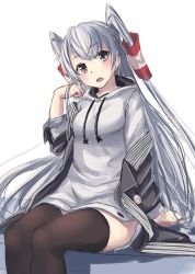 Rule 34 | 1girl, amatsukaze (kancolle), black thighhighs, brown eyes, coat, cowboy shot, dress, fang, grey coat, hair tubes, head tilt, highres, hood, hooded dress, hoodie, kantai collection, knck, long hair, official alternate costume, silver hair, simple background, sitting, skin fang, solo, thighhighs, two side up, white background, white dress
