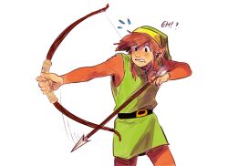 Rule 34 | 1boy, arrow (projectile), belt, black belt, bow (weapon), brown hair, brown pants, brown shirt, commentary, cowboy shot, drawing bow, english commentary, fingernails, flying sweatdrops, green hat, green tunic, grimace, hat, highres, holding, holding bow (weapon), holding weapon, link, long sleeves, male focus, nintendo, pants, pointy ears, shirt, short hair, solo, the legend of zelda, the legend of zelda (nes), weapon, white background, yasmeen