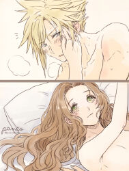 Rule 34 | 1boy, 1girl, aerith gainsborough, ancotsubu, artist name, blonde hair, blue eyes, blush, boy on top, breasts, cleavage, cloud strife, couple, final fantasy, final fantasy vii, final fantasy vii remake, hair between eyes, hand on another&#039;s cheek, hand on another&#039;s face, heavy breathing, hetero, long hair, looking at another, lying, medium breasts, nude, on back, on bed, parted bangs, parted lips, pillow, sex, short hair, sidelocks, smile, spiked hair, sweat, twitter username, wavy hair