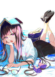 Rule 34 | 1girl, absurdres, bag, black footwear, black skirt, book, book on head, bow, bowtie, unworn bowtie, breasts, brown hair, commentary request, crossed ankles, eyelashes, unworn eyewear, feet up, hair over shoulder, head rest, head tilt, highres, in water, legs up, loafers, long hair, long sleeves, looking at viewer, lying, multicolored hair, unworn neckwear, object on head, on stomach, open mouth, original, partially submerged, pink hair, pleated skirt, purple bow, purple bowtie, purple eyes, school bag, school uniform, shadow, shirt, shoes, sidelocks, skirt, socks, solo, swept bangs, the pose, water drop, wet, wet clothes, white shirt, white socks, yuu (higashi no penguin)