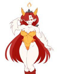 Rule 34 | 1girl, adapted costume, breasts, cleavage, colored sclera, demon girl, fire, fire, flexing, grin, hair over one eye, hanzo (2929), hekapoo, highleg, highleg leotard, highres, horns, large breasts, leotard, long hair, orange eyes, pointy ears, red hair, smile, star vs the forces of evil, tiara, toned, very long hair, yellow sclera