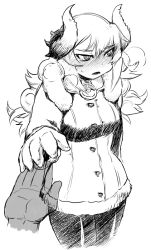 Rule 34 | 1girl, blush, borrowed character, breasts, coat, demon girl, elbow gloves, embarrassed, full-face blush, gloves, greyscale, hair over one eye, holding hands, horns, long hair, male hand, medium breasts, monochrome, nise maou kanizeru, original, outstretched hand, pantyhose, pov, sharp teeth, simple background, solo focus, standing, teeth, tsukudani (coke-buta), tsundere, white background, winter clothes, yuusha to maou