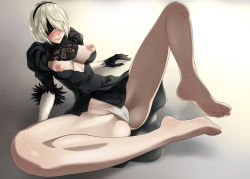Rule 34 | 1girl, bare legs, barefoot, black dress, blindfold, blonde hair, blush, breastless clothes, breasts, breasts apart, cameltoe, closed mouth, dress, embarrassed, feet, female focus, full body, gloves, gradient background, groin, hairband, legs, lying, medium breasts, mole, mole under mouth, nier (series), nier:automata, nipples, no bra, panties, short hair, shoujo donburi, simple background, solo, spread legs, thighs, toes, underwear, white panties, 2b (nier:automata)